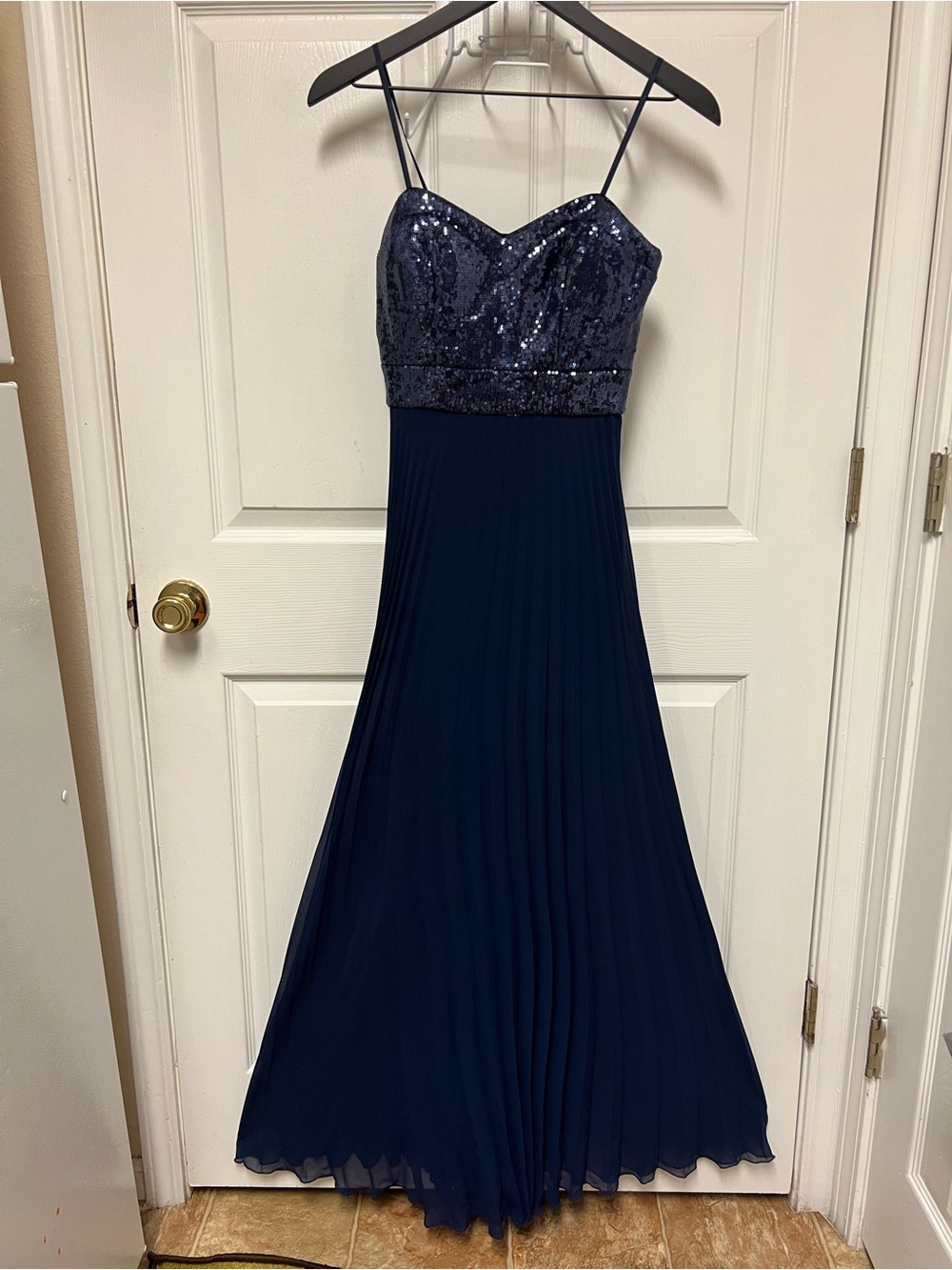 Cache Navy Sequin Bodice Maxi Dress with Spaghetti Straps